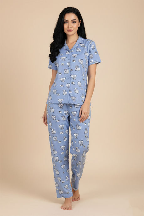 Zivame Farm Lore Knit Cotton Pyjama Set - Chambray Blue — image 2